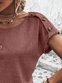 SHEIN LUNE 紐扣細節蝙蝠袖T恤 - 紅木色 - 查看 4