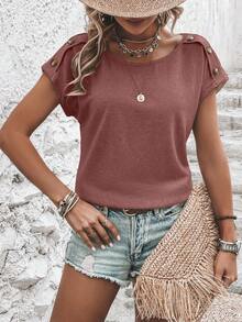 SHEIN LUNE 紐扣細節蝙蝠袖T恤 - 紅木色 - 查看 5