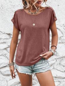 SHEIN LUNE 紐扣細節蝙蝠袖T恤 - 紅木色 - 查看 6