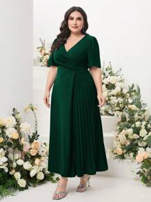 Modelyn Plus Surplice Neck Pleated Panel Wrap Front Dress Long Evening Dresses