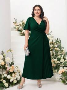 Modelyn Plus Surplice Neck Pleated Panel Wrap Front Dress Long Evening Dresses