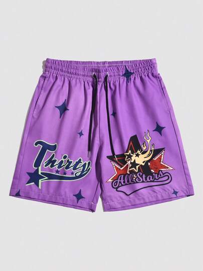 Guys Star & Letter Graphic Drawstring Waist Shorts