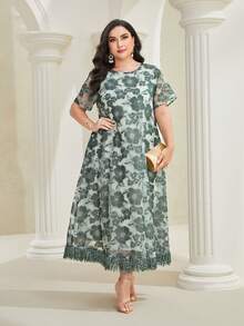 Al Najma Plus Floral Print Fringe Hem Dress - Dark Green - View 6