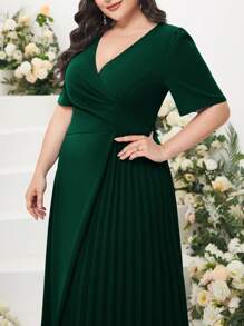 Modelyn Plus Surplice Neck Pleated Panel Wrap Front Dress Long Evening Dresses
