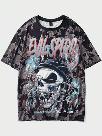 Guys Tie Dye Letter & Skull Print Tee