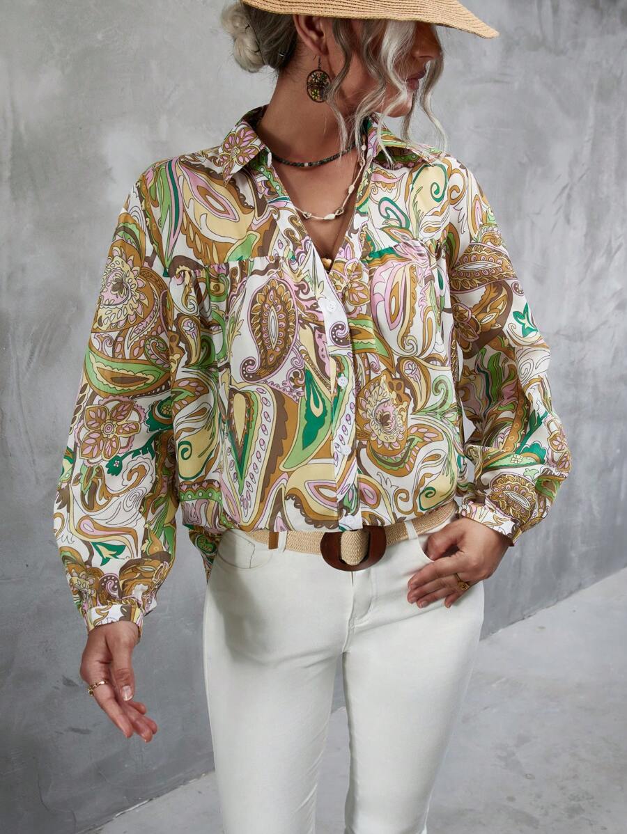 SHEIN Clasi 佩斯利印花前紐扣襯衫 - 彩色 - 查看 1