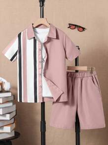 SHEIN Tween Boy Striped Print Shirt & Shorts Without Tee - Dusty Pink - View 6