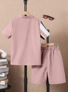 SHEIN Tween Boy Striped Print Shirt & Shorts Without Tee - Dusty Pink - View 2