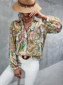 SHEIN Clasi 佩斯利印花前紐扣襯衫 - 彩色 - 查看 4