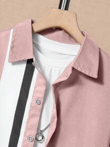 SHEIN Tween Boy Striped Print Shirt & Shorts Without Tee - Dusty Pink - View 5