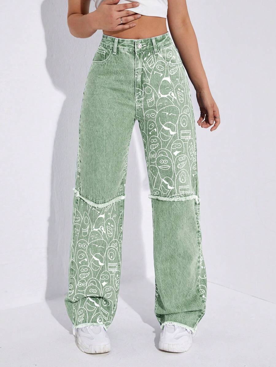 High Waist Cartoon Graphic Jeans - Green - View 1