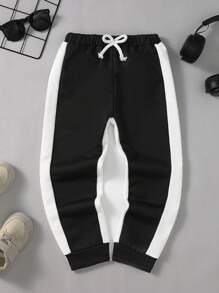 SHEIN 男小童拼接側邊接縫前打結長褲 - 黑色 - 查看 1