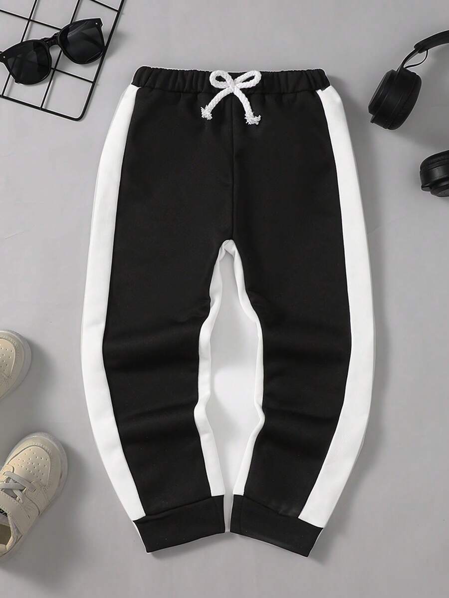 SHEIN 男小童拼接側邊接縫前打結長褲 - 黑色 - 查看 1