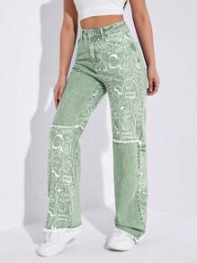 High Waist Cartoon Graphic Jeans - Green - View 2