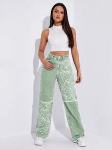 High Waist Cartoon Graphic Jeans - Green - View 4
