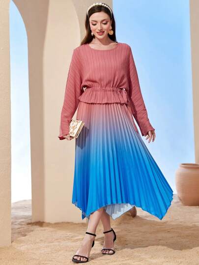 Modelyn Ombre Pleated Hem Dress Long Evening Dresses Fall Cloth For Women