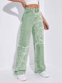 High Waist Cartoon Graphic Jeans - Green - View 5