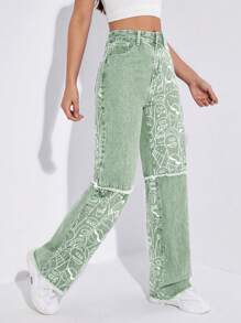 High Waist Cartoon Graphic Jeans - Green - View 6