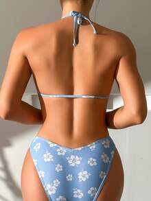 印花褶邊掛脖比基尼泳裝 - 藍色 - 查看 2