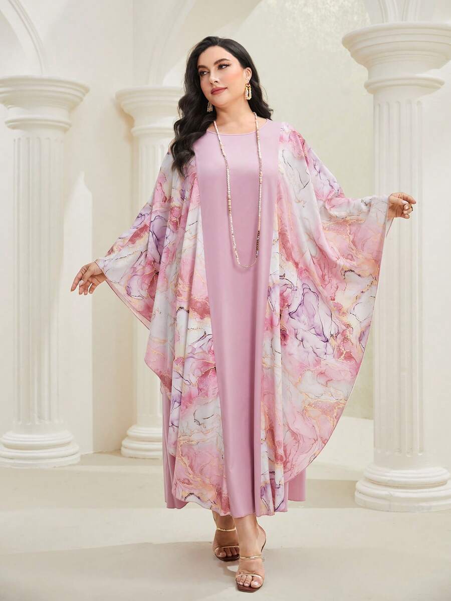Al Najma Plus Marble Print Batwing Sleeve Abaya Dress - Pink - View 1