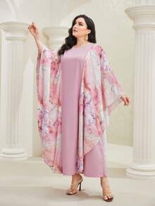 Al Najma Plus Marble Print Batwing Sleeve Abaya Dress - Pink - View 3