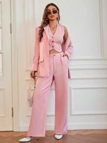 Aveloria Blazer chaleco unicolor & Blazer con hombrera & Pantalones de pierna ancha ropa de trabajo