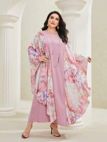 Al Najma Plus Marble Print Batwing Sleeve Abaya Dress - Pink - View 5