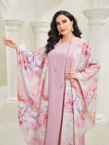 Al Najma Plus Marble Print Batwing Sleeve Abaya Dress - Pink - View 6