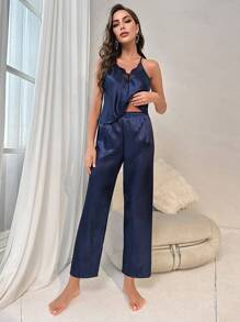 con encaje en contraste de satén Top de tirantes con pantalones Conjunto de pijama - Azul Marino - Ver 1