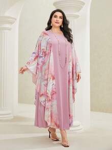 Al Najma Plus Marble Print Batwing Sleeve Abaya Dress - Pink - View 7