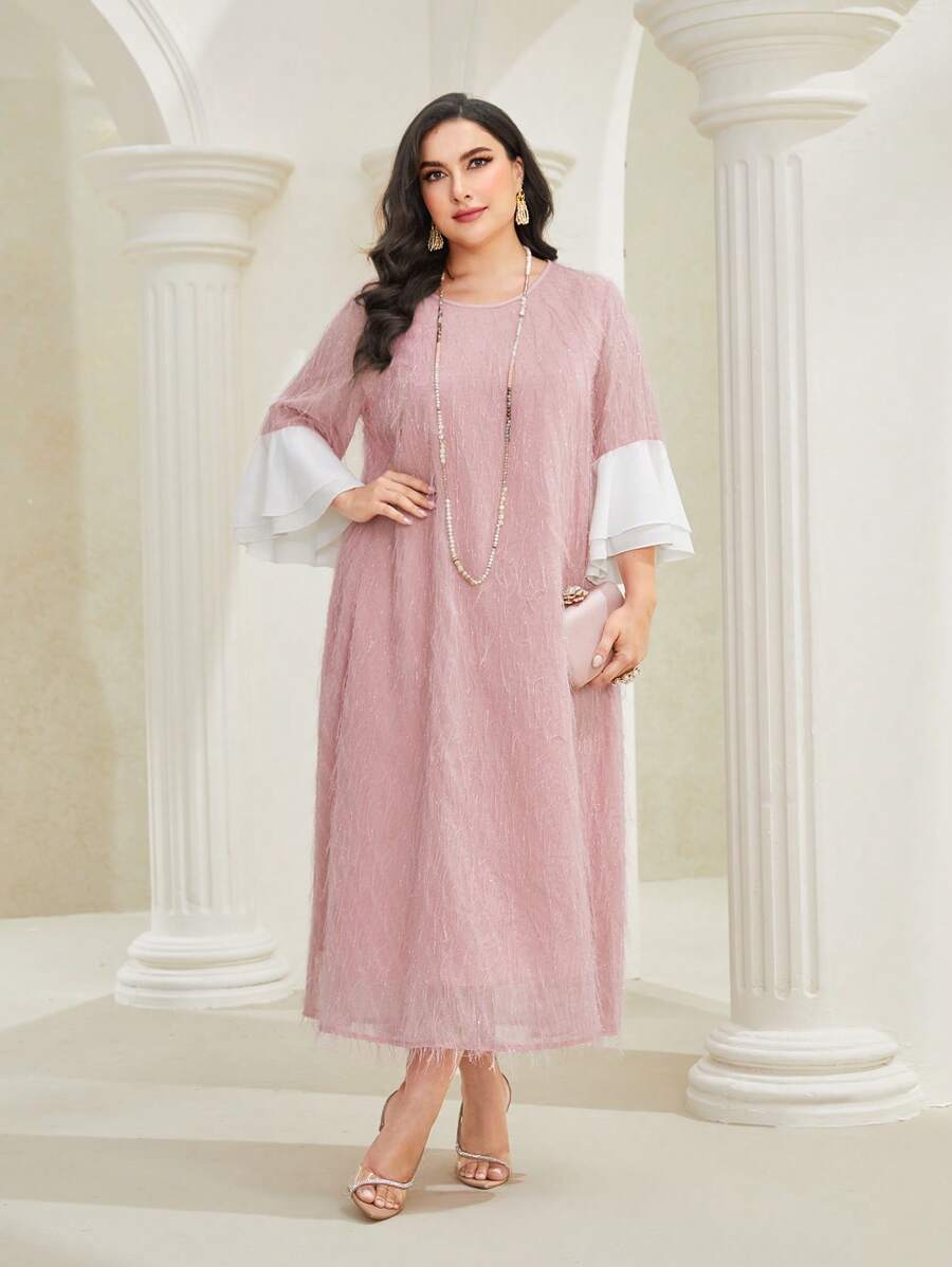 Al Najma Plus Contrast Panel Flounce Sleeve Dress - Pink - View 1