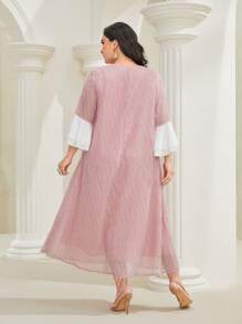 Al Najma Plus Contrast Panel Flounce Sleeve Dress - Pink - View 2