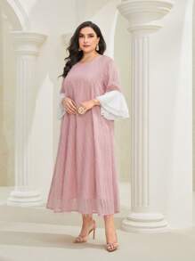 Al Najma Plus Contrast Panel Flounce Sleeve Dress - Pink - View 5