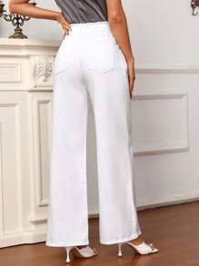 SHEIN Frenchy 素色毛邊緣細節牛仔褲 - 白色 - 查看 3