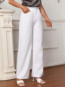 SHEIN Frenchy 素色毛邊緣細節牛仔褲 - 白色 - 查看 4