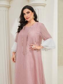 Al Najma Plus Contrast Panel Flounce Sleeve Dress - Pink - View 7