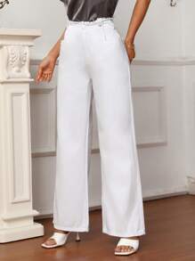 SHEIN Frenchy 素色毛邊緣細節牛仔褲 - 白色 - 查看 1