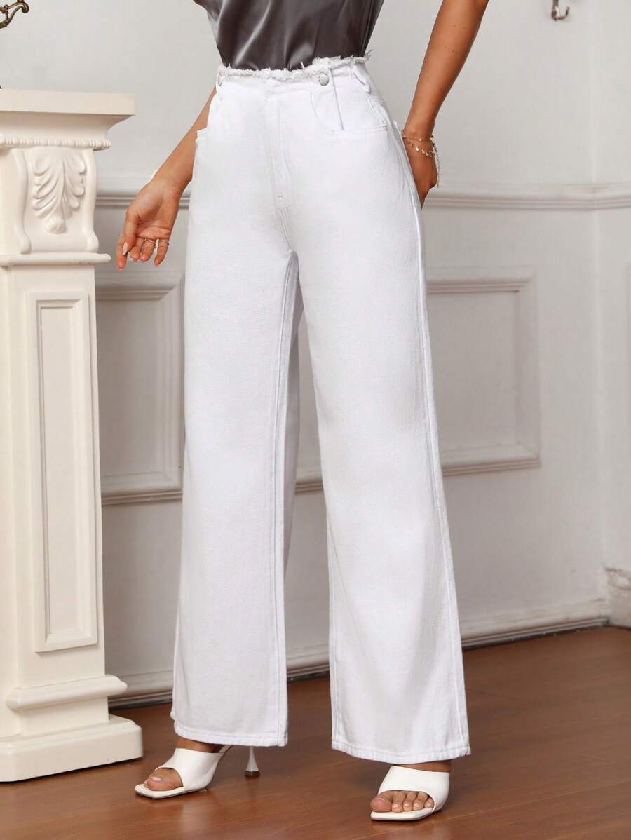 SHEIN Frenchy 素色毛邊緣細節牛仔褲 - 白色 - 查看 1