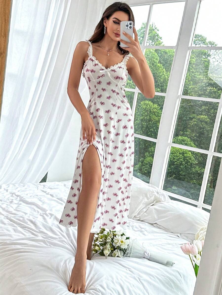 印花褶邊高衩吊帶睡裙 - 白色 - 查看 1