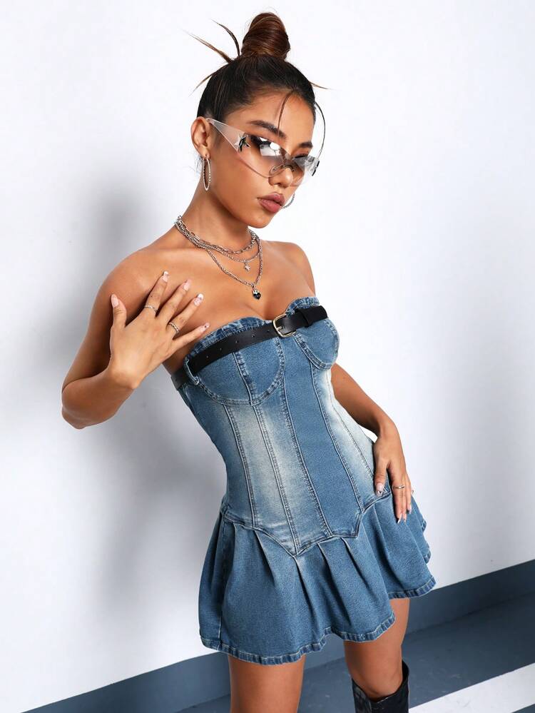 Fold Pleated Hem Tube Denim Dress