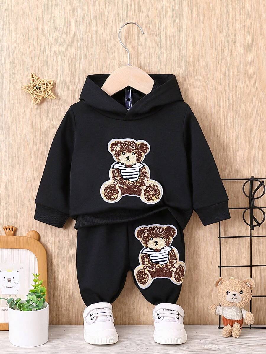 女嬰熊貼布連帽衫和運動褲 - 黑色 - 查看 1