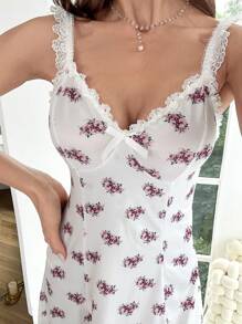 印花褶邊高衩吊帶睡裙 - 白色 - 查看 5