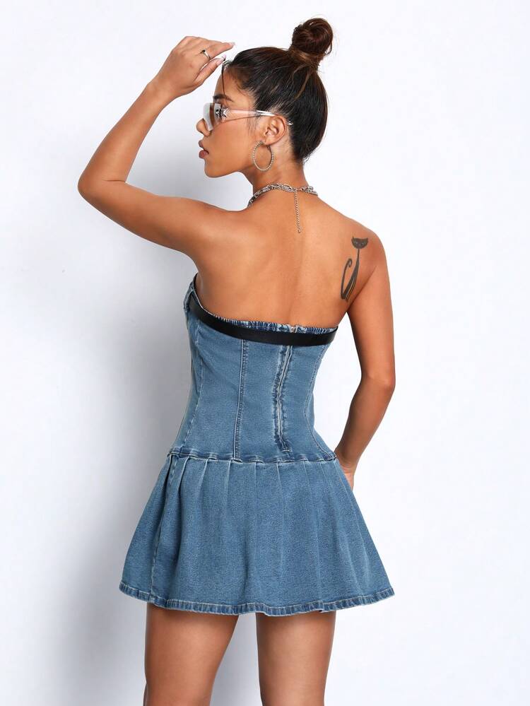 Fold Pleated Hem Tube Denim Dress