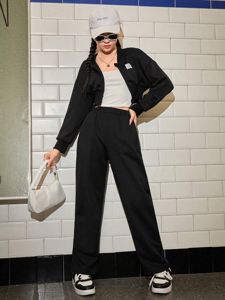 Teen Girl Letter Patched Detail Zip Up Hoodie & Pants