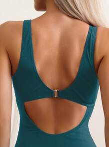 SHEIN Swim 素色褶邊連體泳衣 - 綠色 - 查看 4