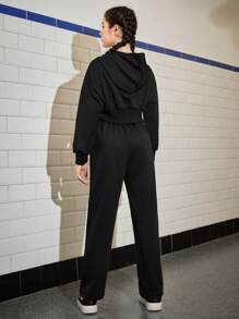 SHEIN Teen Girl Letter Patched Detail Zip Up Hoodie & Pants - Black - View 2