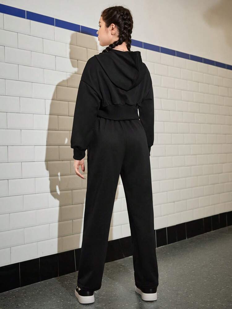 Teen Girl Letter Patched Detail Zip Up Hoodie & Pants