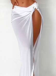 SHEIN Swim Summer Beach Ring Linked One Shoulder Bikini Set With Beach Skirt - White - View 3