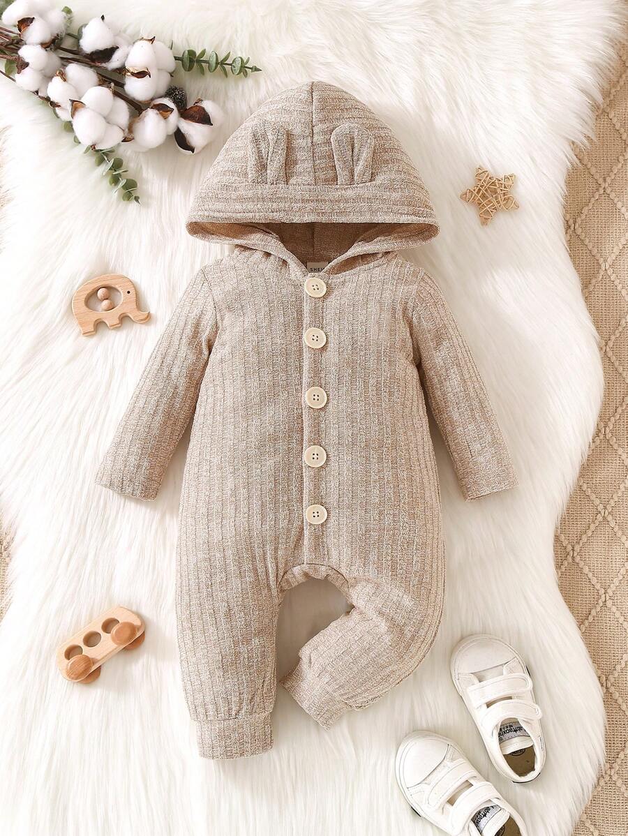 Baby Boy 3D Ear Design Button Front Hooded Jumpsuit