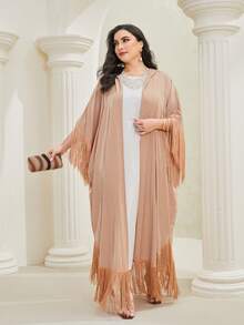 Al Najma Plus Fringe Trim Batwing Sleeve Abaya - Pink - View 5